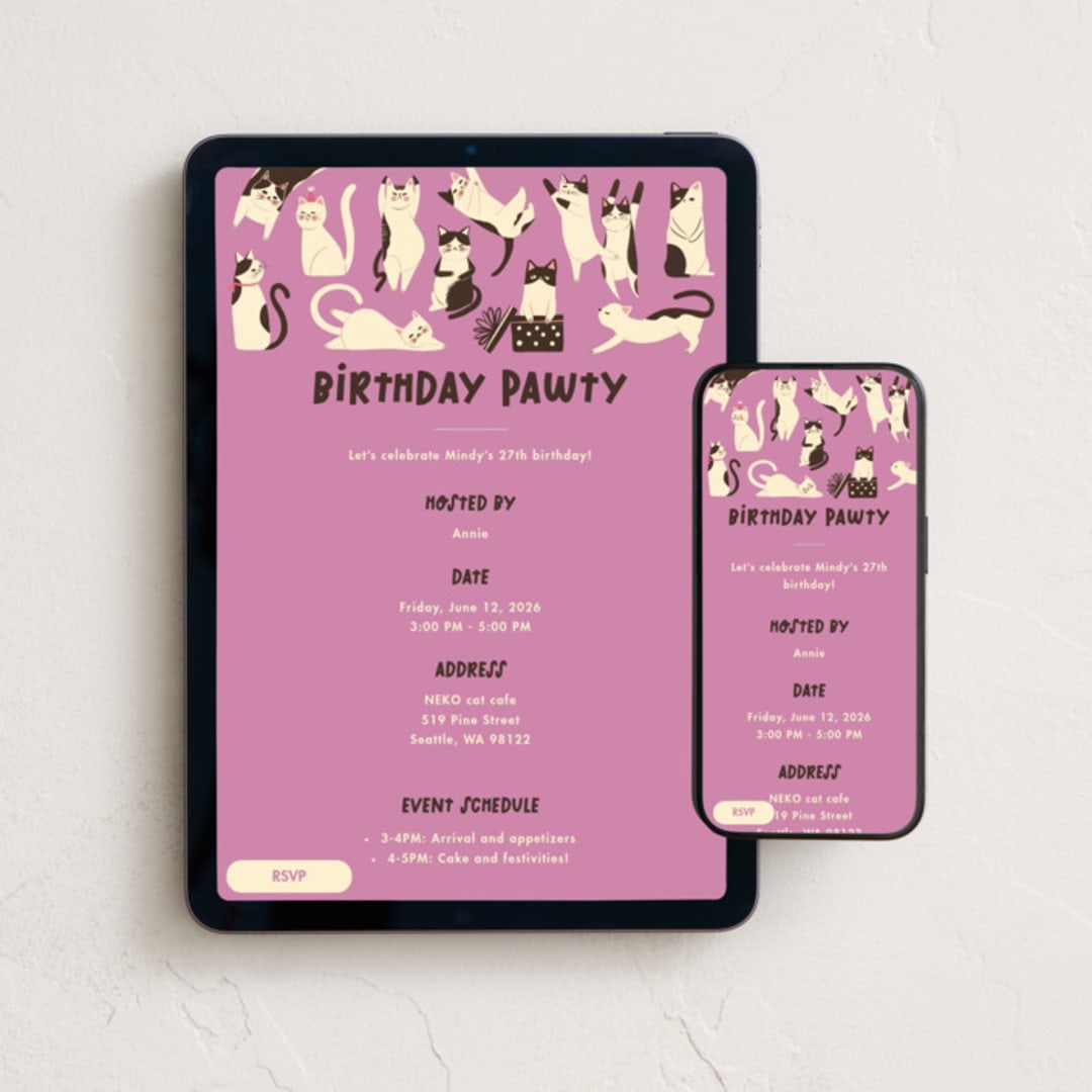 "Pawty Cats" - Online Kids Birthday Invitations in Blast by Vivian Yiwing - Mobile + desktop layout
