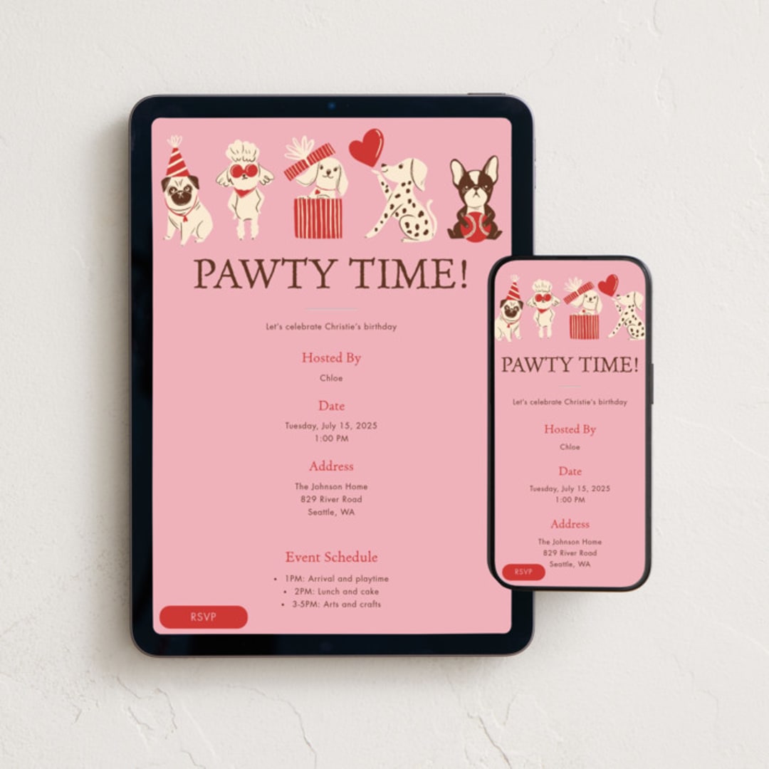 "Pawty" - Online Kids Birthday Invitations in Bubblegum by Vivian Yiwing - Mobile + desktop layout