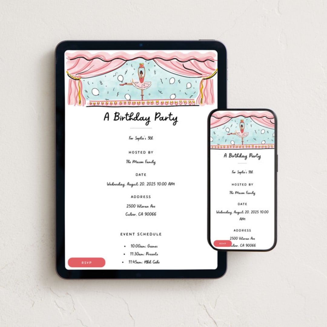 "Ballerina On Stage" - Online Kids Birthday Invitations in White by Becky Nimoy - Mobile + desktop layout