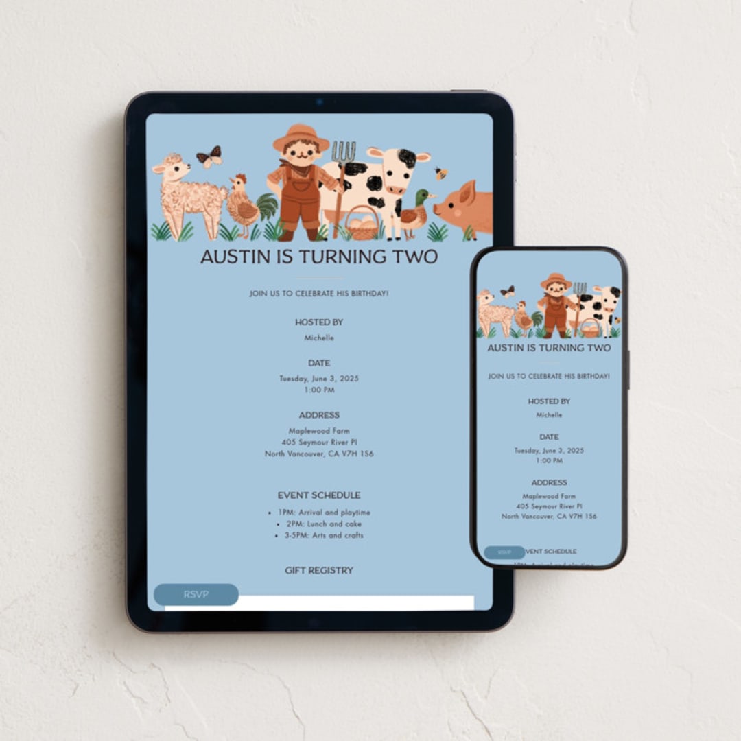 "Farm Animals" - Online Kids Birthday Invitations in Sky by Vivian Yiwing - Mobile + desktop layout