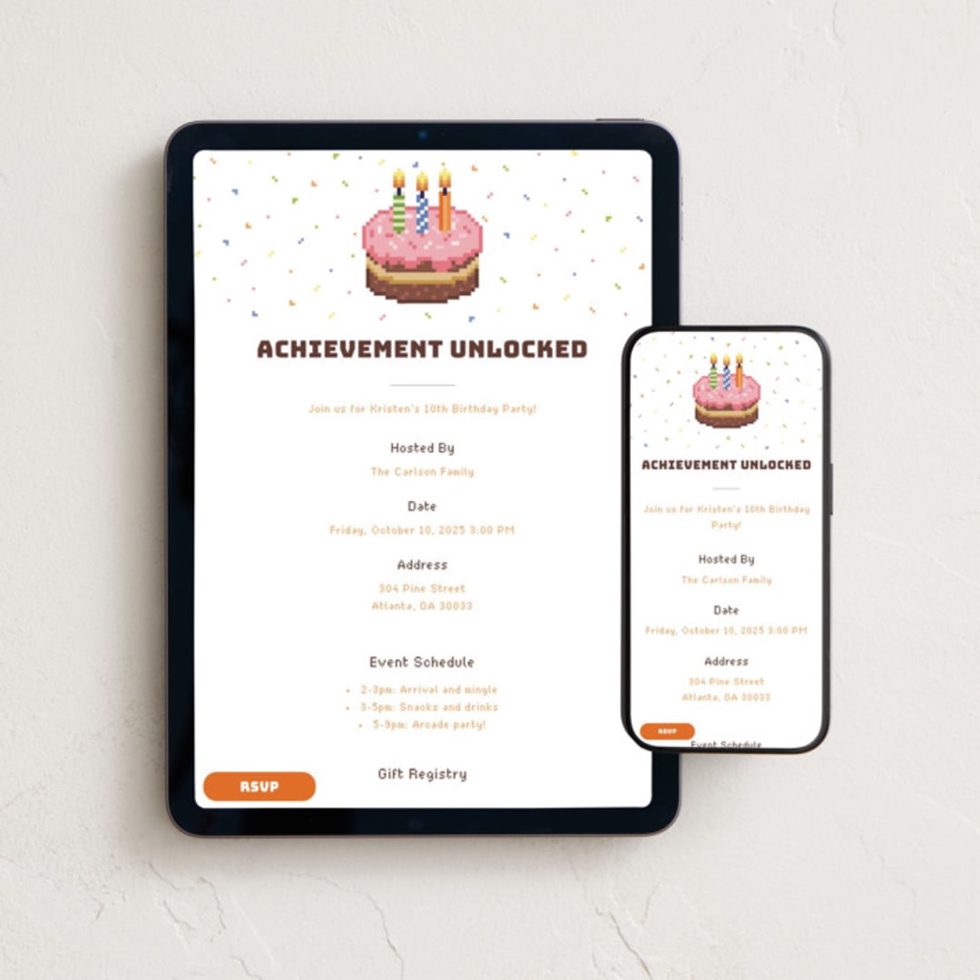 "Pixelated Party" - Online Kids Birthday Invitations in Strawberry by tuldok - Mobile + desktop layout