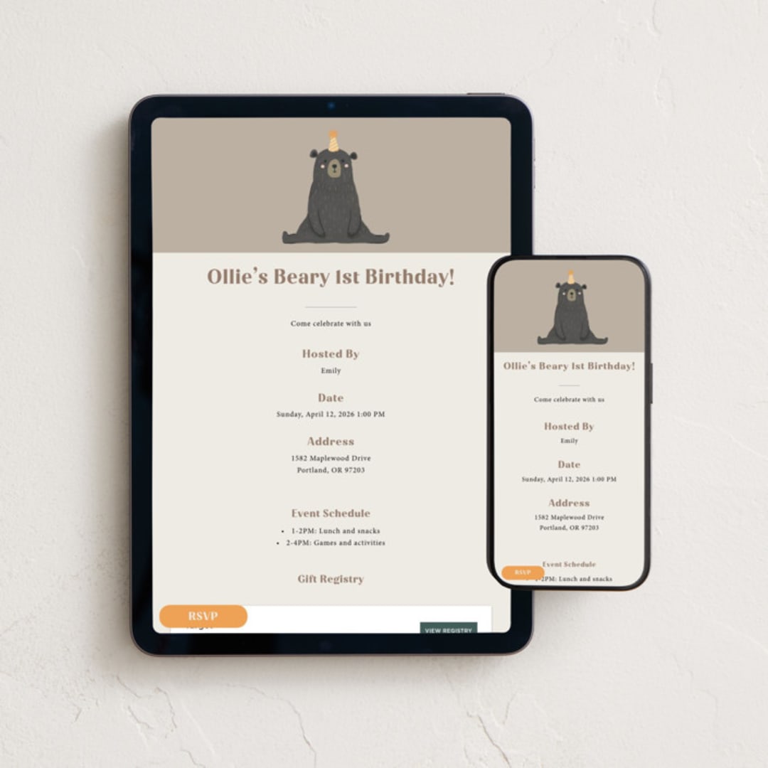"Beary First" - Online Kids Birthday Invitations in Mocha by Adelyn T. - Mobile + desktop layout