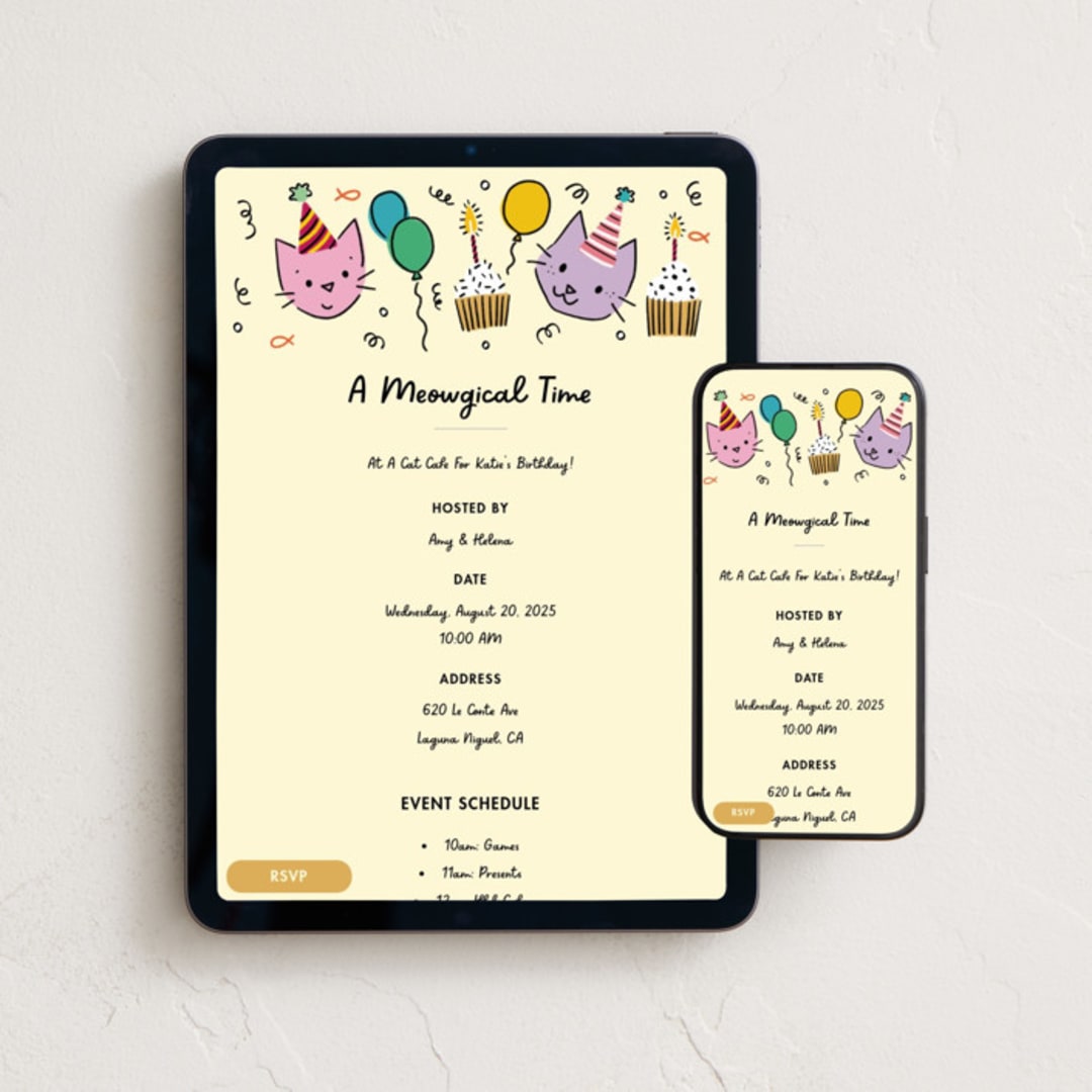 "Meowgical Cat Party" - Online Kids Birthday Invitations in Butter by Becky Nimoy - Mobile + desktop layout