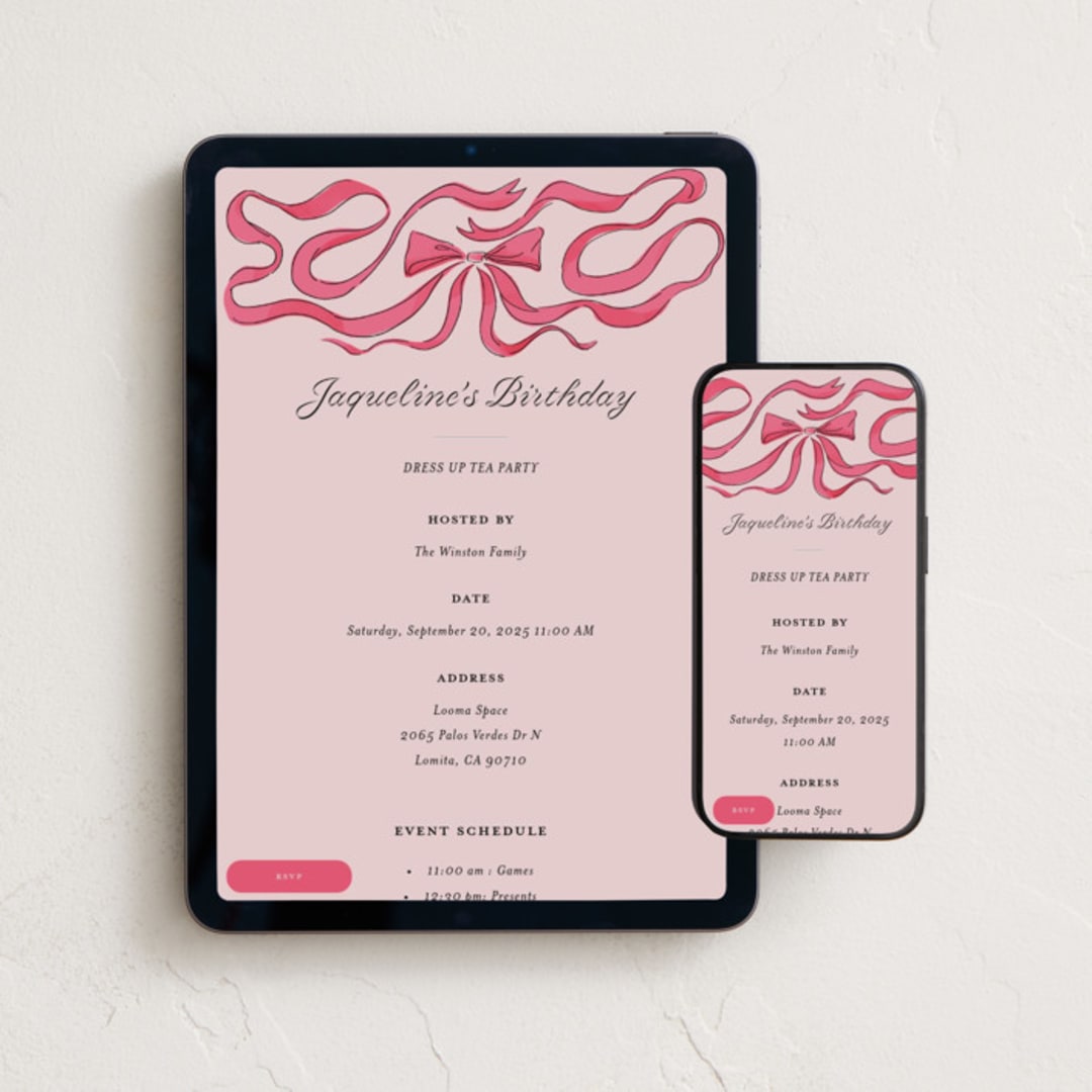 "Flowing Bow" - Online Kids Birthday Invitations in Petal by Becky Nimoy - Mobile + desktop layout