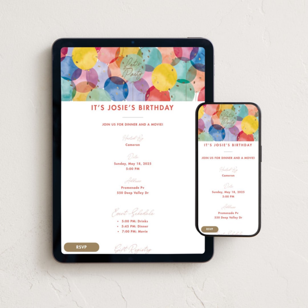 "Birthday Balloons" - Online Kids Birthday Invitations in Cloud by Becky Nimoy - Mobile + desktop layout
