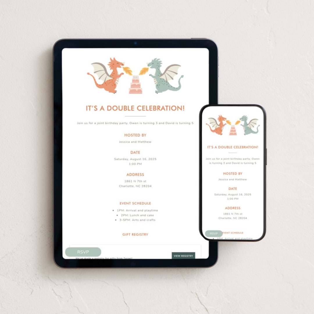 "Dragon joint celebration" - Online Kids Birthday Invitations in Mango by Ester Bernaldo de Quiros - Mobile + desktop layout
