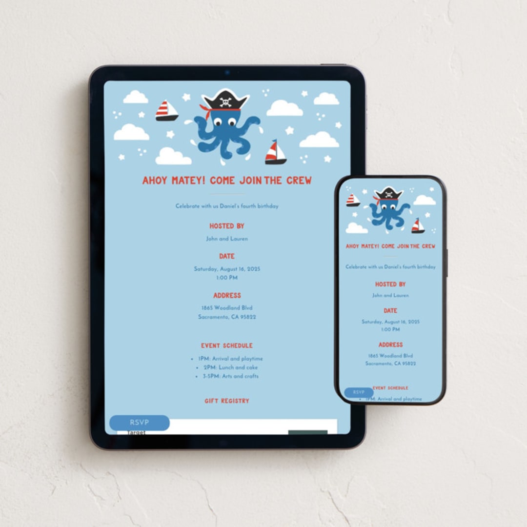 "Pirate octopus" - Online Kids Birthday Invitations in Aqua by Ester Bernaldo de Quiros - Mobile + desktop layout