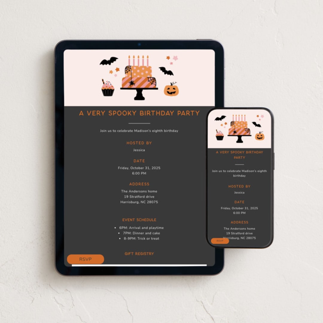 "Spooky birthday" - Online Kids Birthday Invitations in Tangerine by Ester Bernaldo de Quiros - Mobile + desktop layout