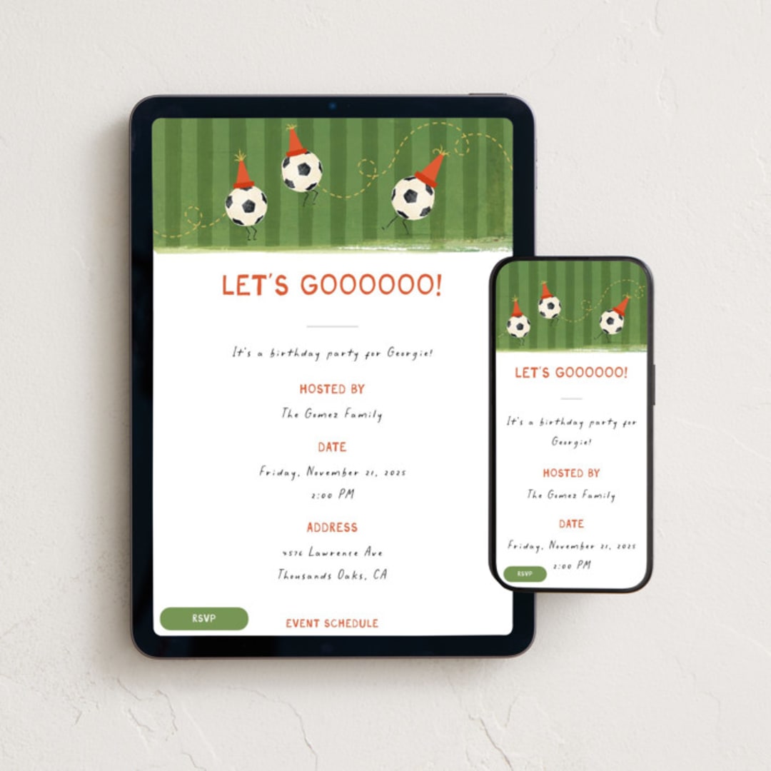 "soccer birthday" - Online Kids Birthday Invitations in Safety Orange by Kamala Nahas - Mobile + desktop layout