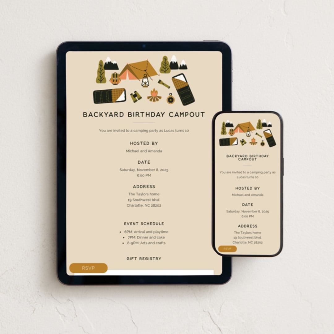 "Backyard campout" - Online Kids Birthday Invitations in Mustard by Ester Bernaldo de Quiros - Mobile + desktop layout