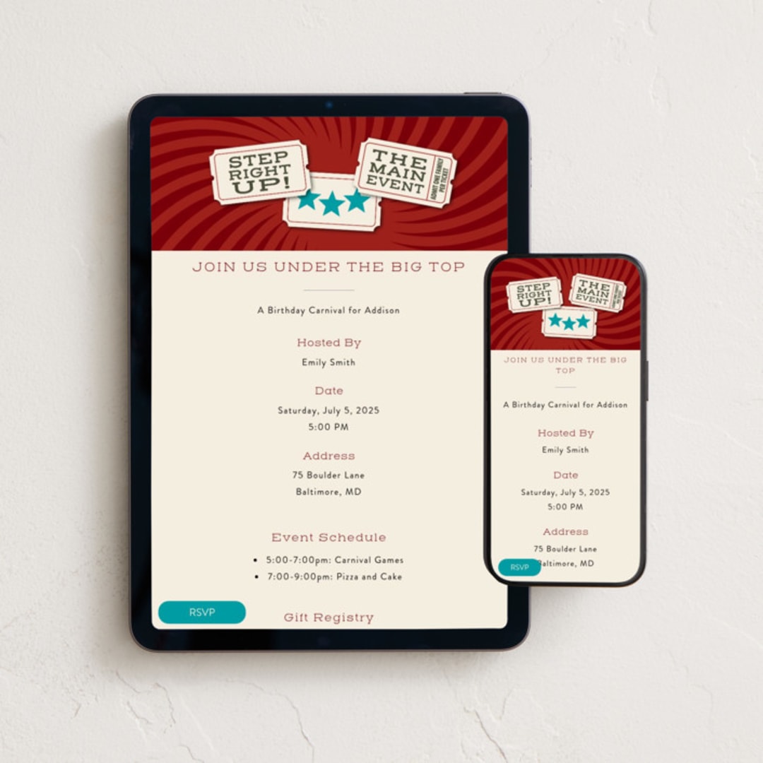 "Big Top" - Online Kids Birthday Invitations in Carnival by Sarah Hawkins Designs - Mobile + desktop layout
