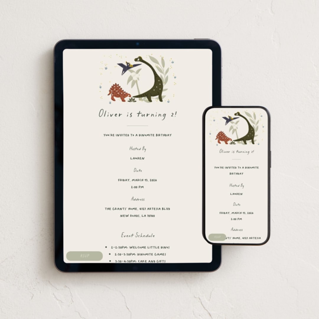 "Dinomite Birthday" - Online Kids Birthday Invitations in Honey by Gwen Bedat - Mobile + desktop layout