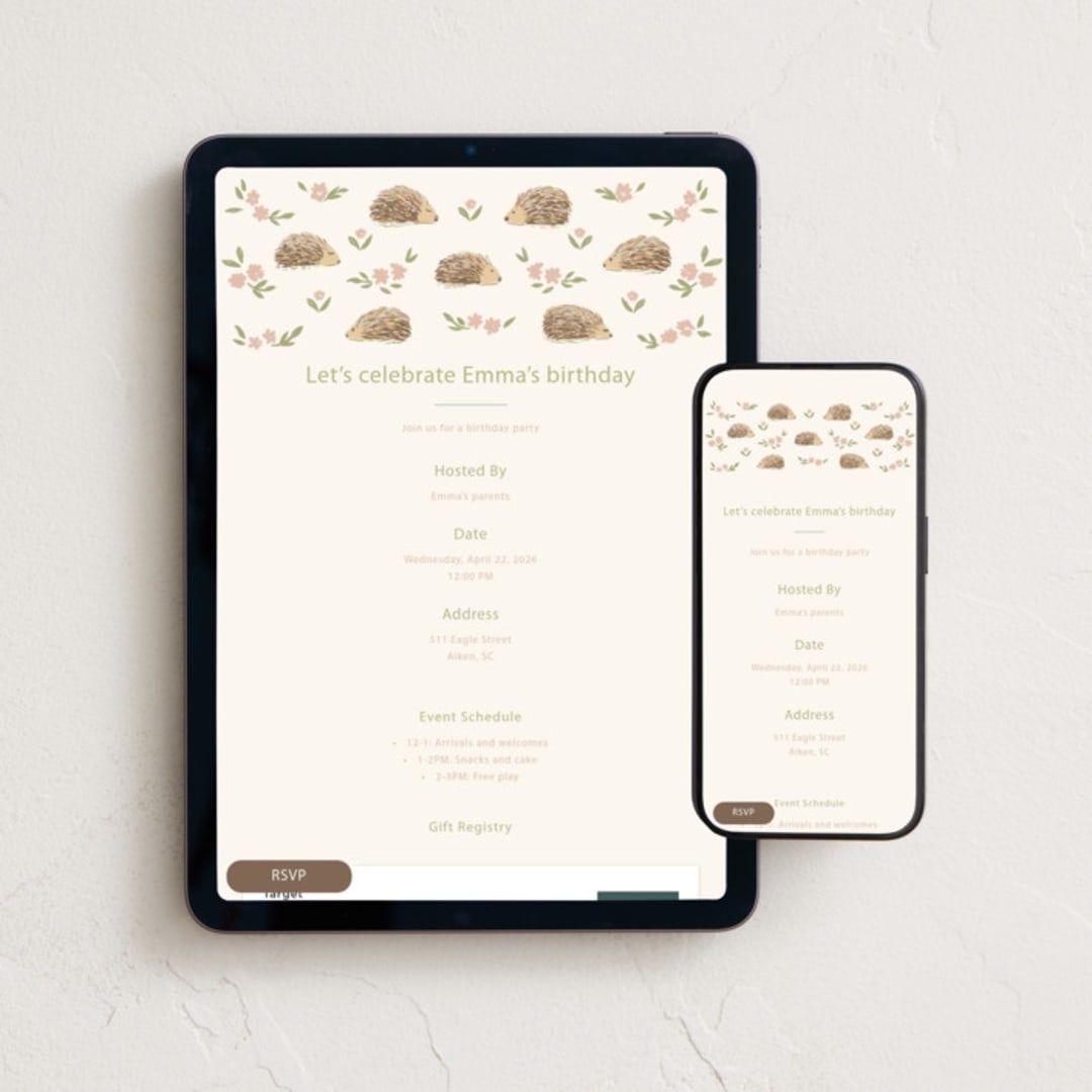 "Hedgehog kids Birthday" - Online Kids Birthday Invitations in Buttercream by Erika Catalan - Mobile + desktop layout