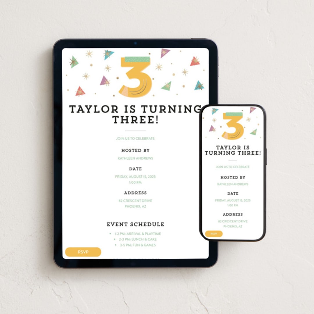 "Big Three!" - Online Kids Birthday Invitations in Sunshine by Oma N. Ramkhelawan - Mobile + desktop layout