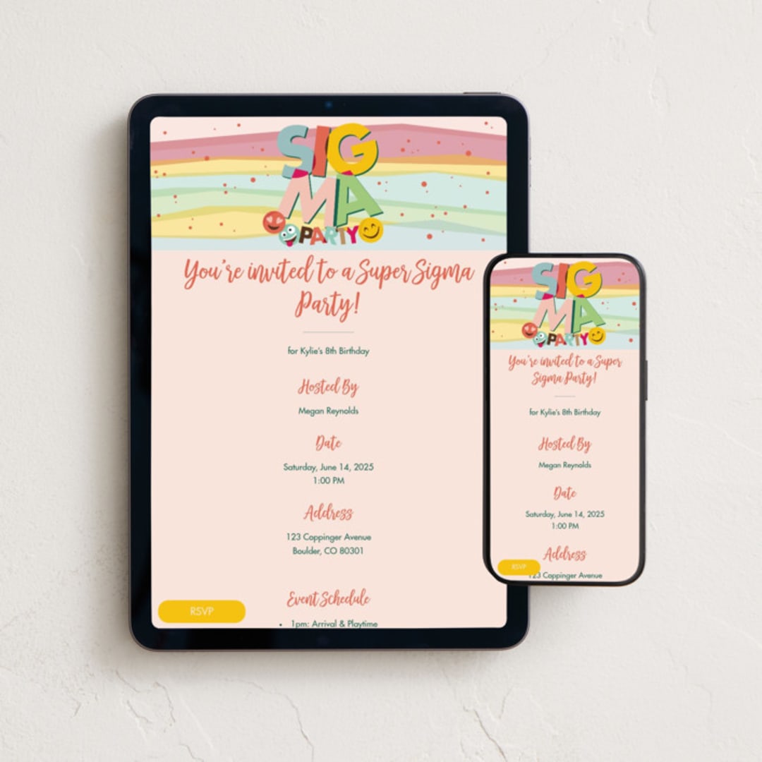 "Sigma Party" - Online Kids Birthday Invitations in Candy by Caroline Harberd - Mobile + desktop layout