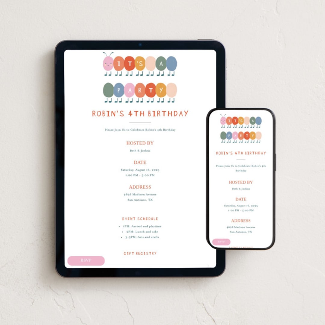 "Caterpillar" - Online Kids Birthday Invitations in Bubblegum by Elif Sahin - Mobile + desktop layout