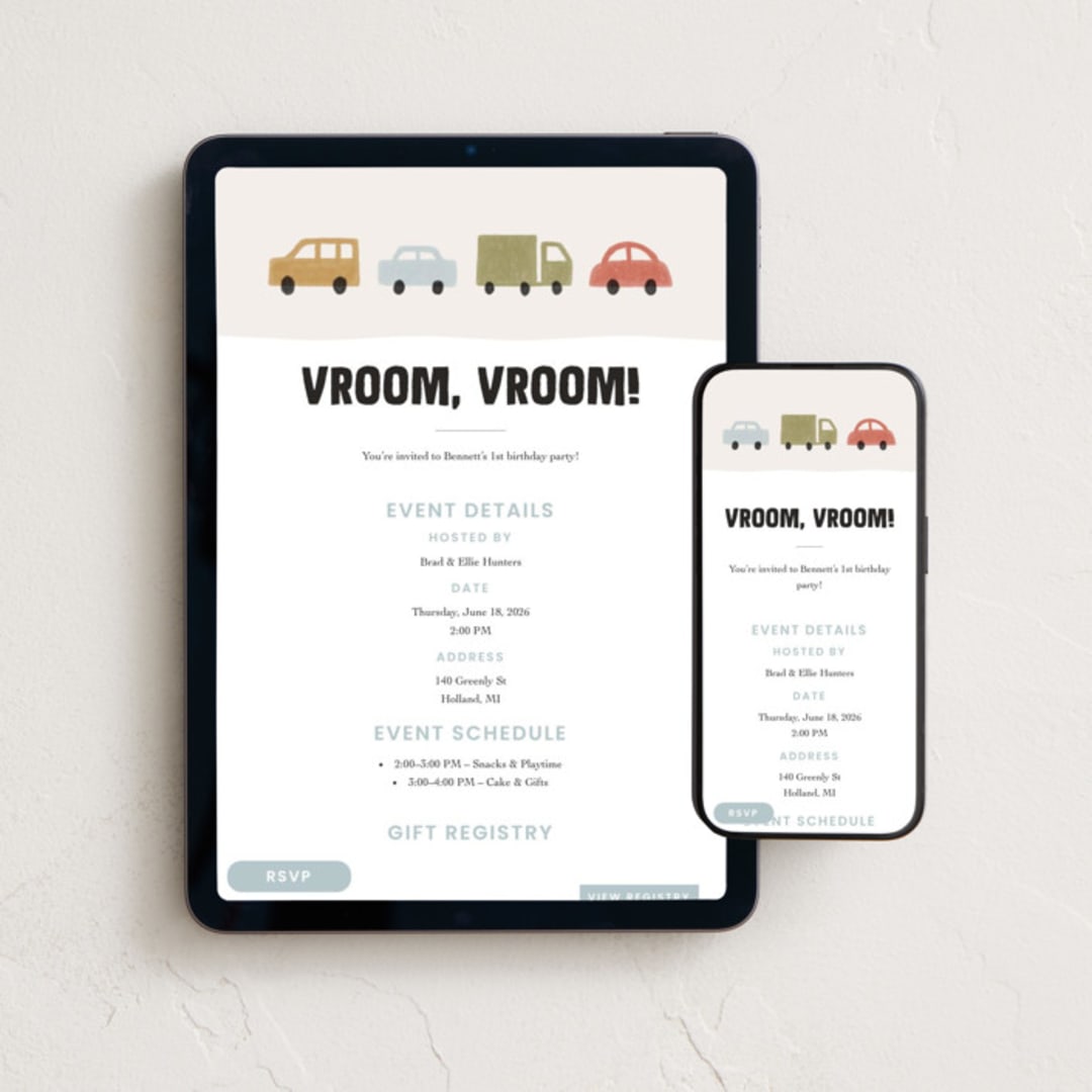 "Vroom Vroom" - Online Kids Birthday Invitations in Primary by taylorVdesign - Mobile + desktop layout