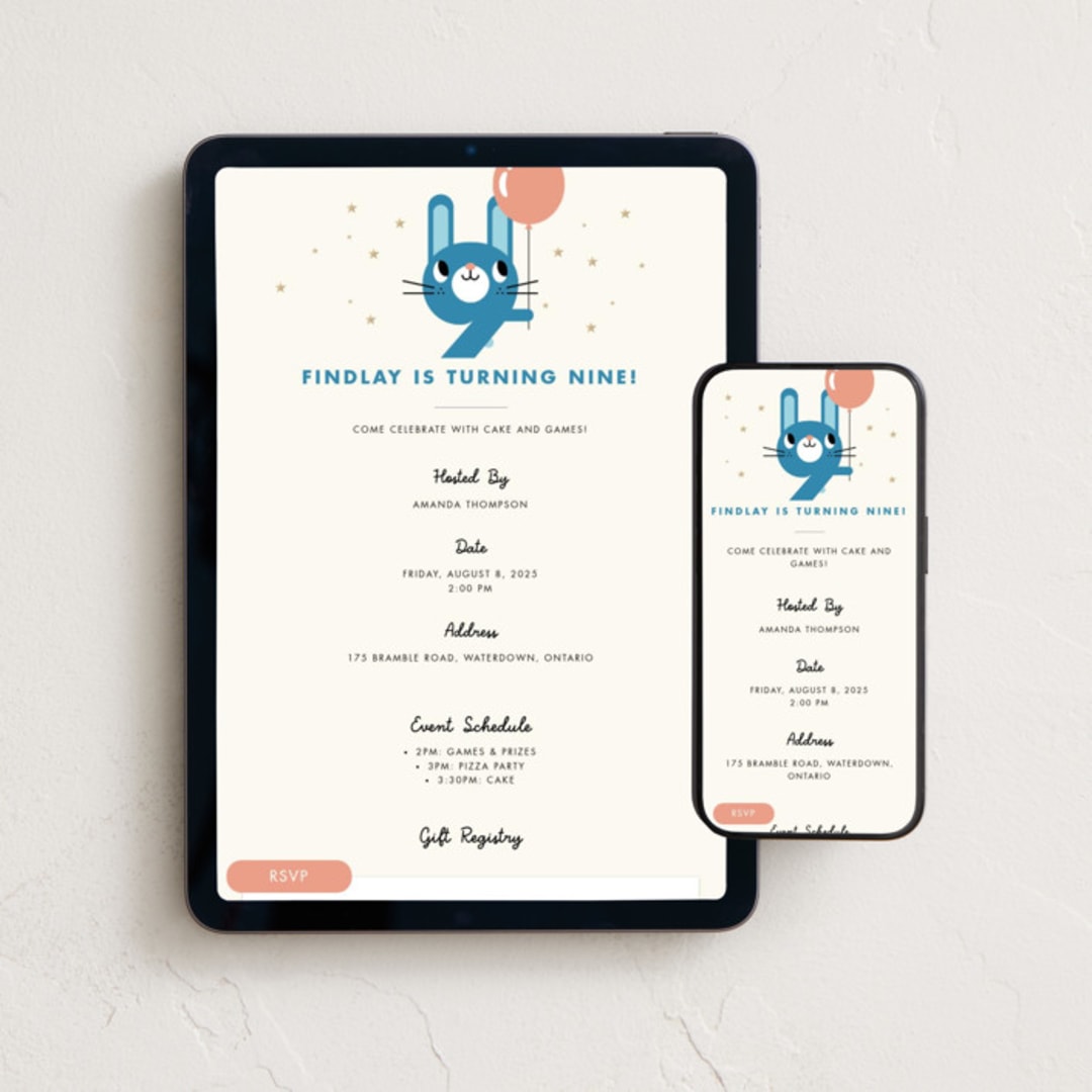 "Happy Nine" - Online Kids Birthday Invitations in Poppy by mo kelley - Mobile + desktop layout