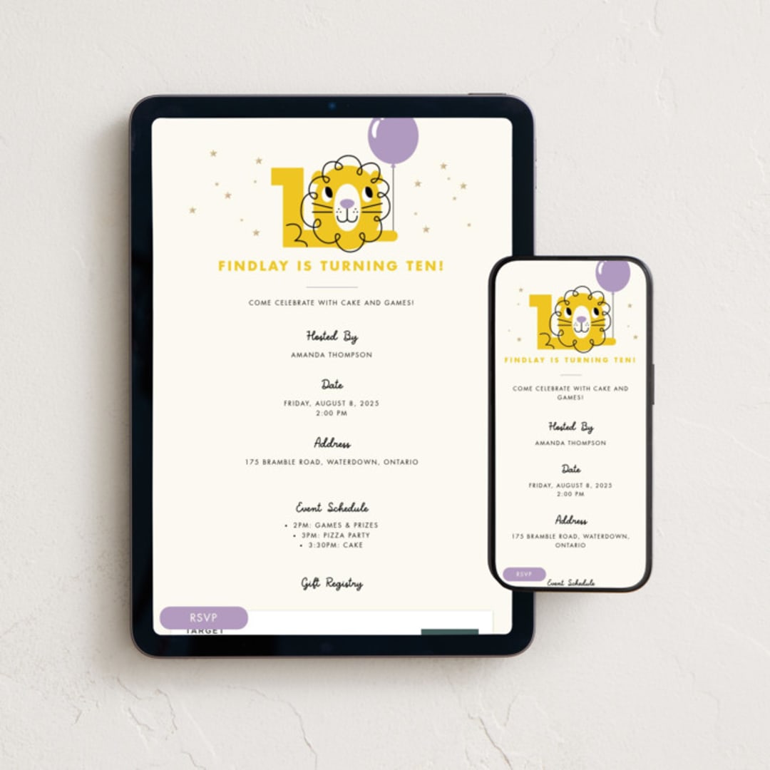 "Happy Ten" - Online Kids Birthday Invitations in Lilac by mo kelley - Mobile + desktop layout