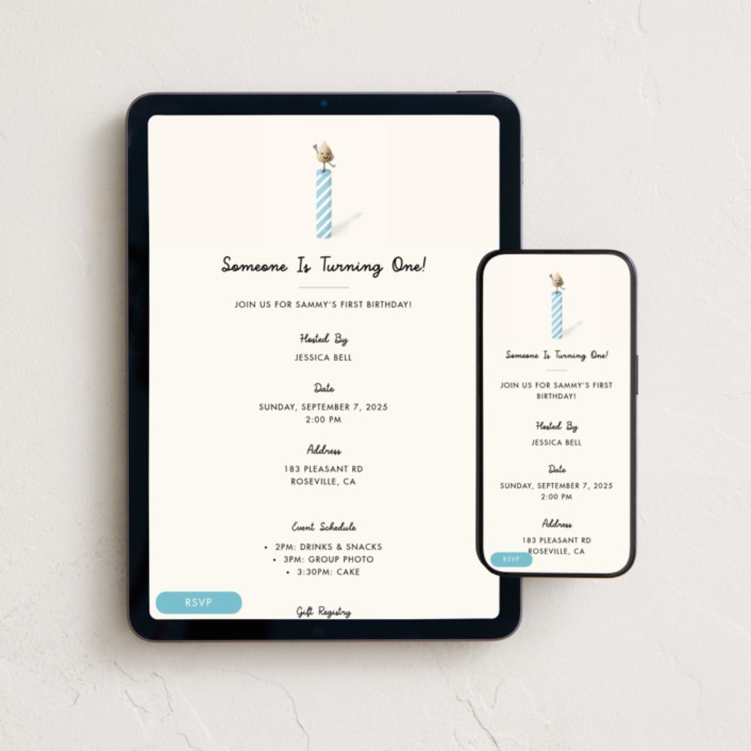 "Lit Candle" - Online Kids Birthday Invitations in Sky by mo kelley - Mobile + desktop layout