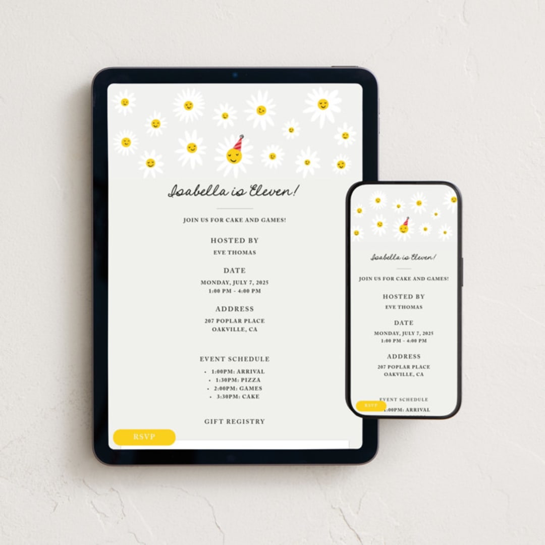 "Happy Daisies" - Online Kids Birthday Invitations in Daisy by mo kelley - Mobile + desktop layout