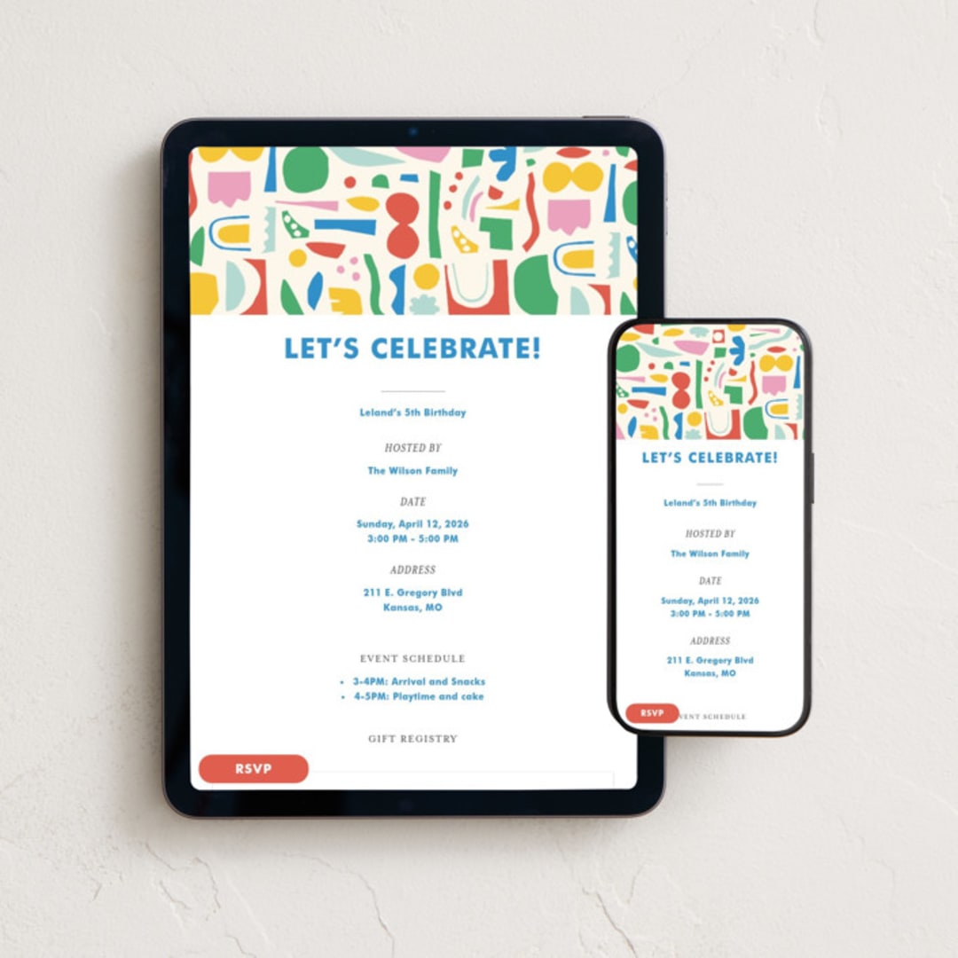 "Let's Celebrate Shapes" - Online Kids Birthday Invitations in Clay by Ampersand Design Studio - Mobile + desktop layout