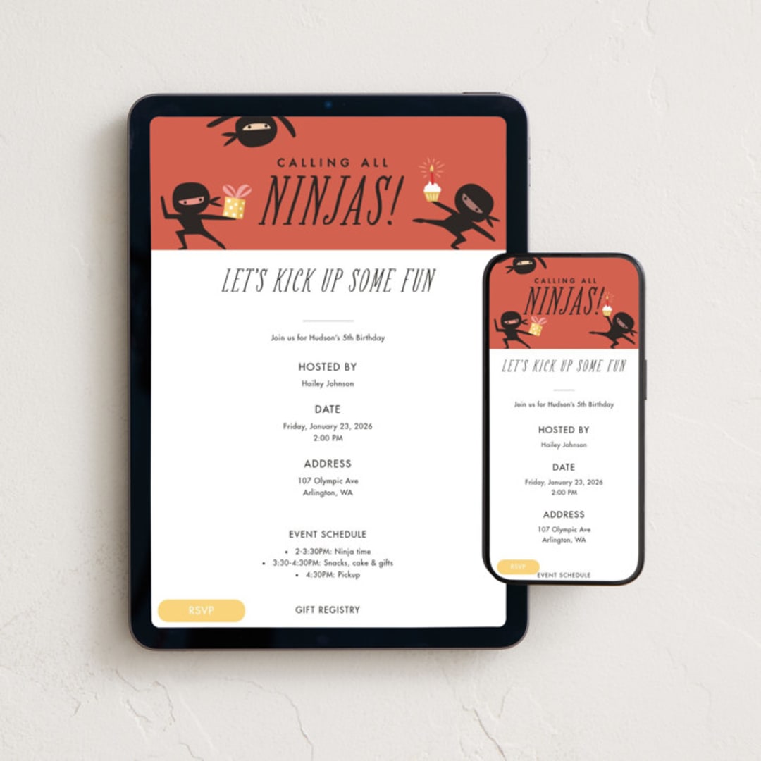 "Calling all Ninjas" - Online Kids Birthday Invitations in Cinnamon by Karidy Walker - Mobile + desktop layout