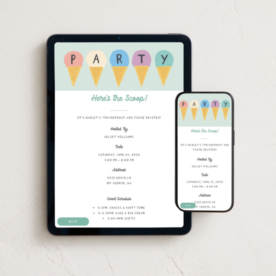 "Here's the scoop" - Online Kids Birthday Invitations in Mint by Karidy Walker - Mobile + desktop layout