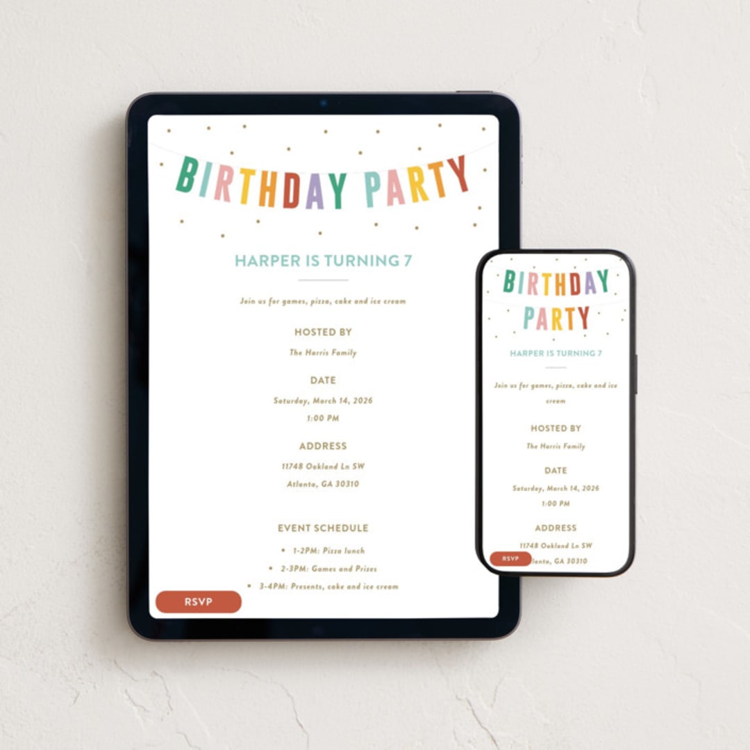 "Birthday Banner" - Online Kids Birthday Invitations in Rainbow by Angela Garrick - Mobile + desktop layout