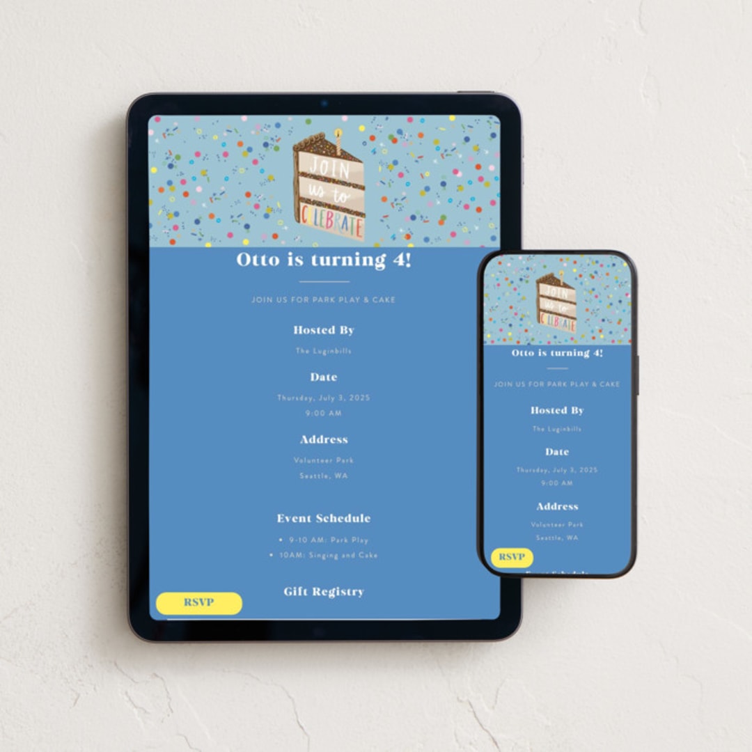"Slice of Cake" - Online Kids Birthday Invitations in Aqua by Alethea and Ruth - Mobile + desktop layout