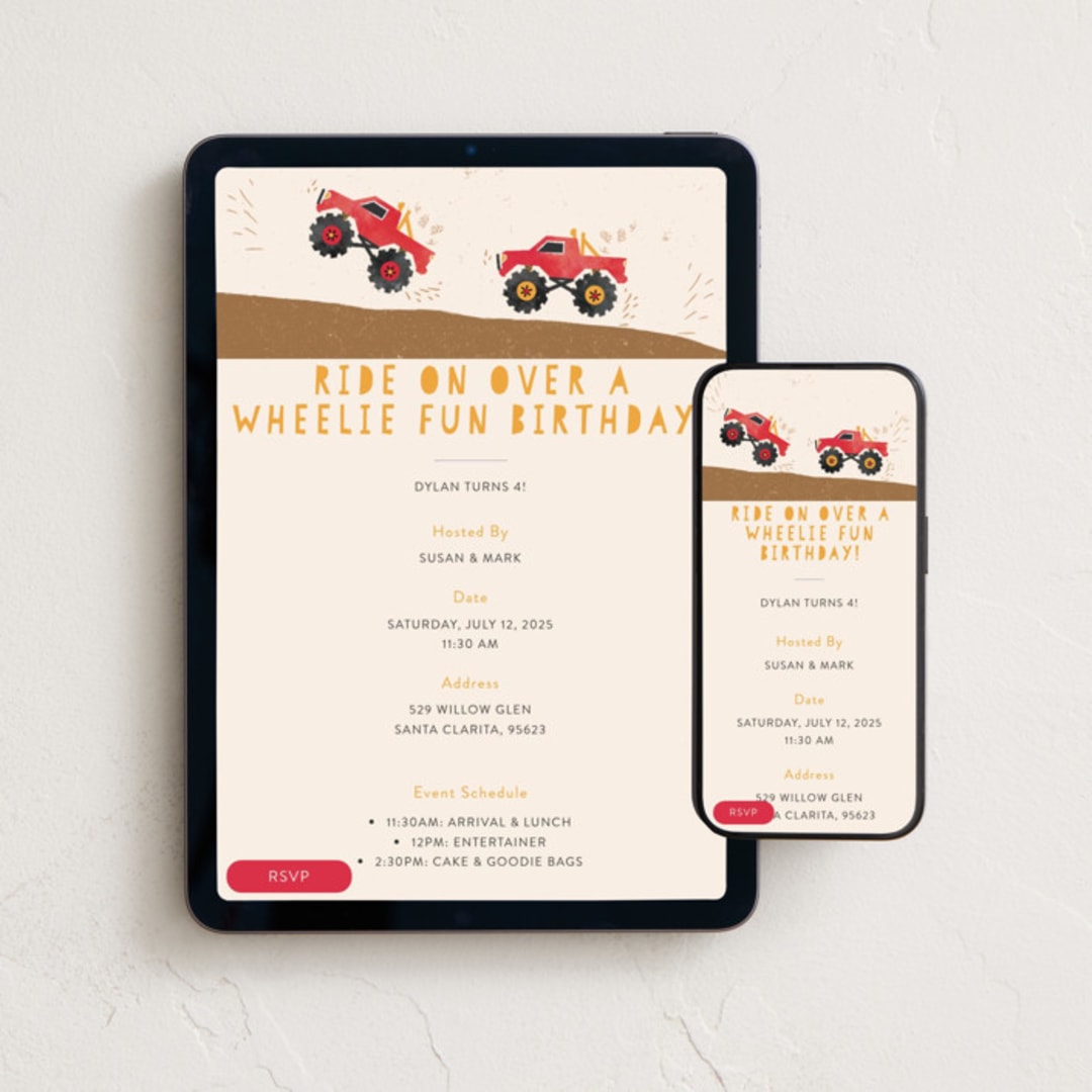 "wheelie fun birthday" - Online Kids Birthday Invitations in Cherry by Kanika Mathur - Mobile + desktop layout