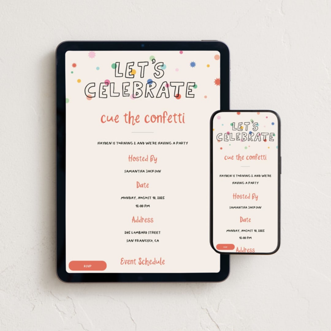 "cue the confetti" - Online Kids Birthday Invitations in Rainbow by Creo Study - Mobile + desktop layout