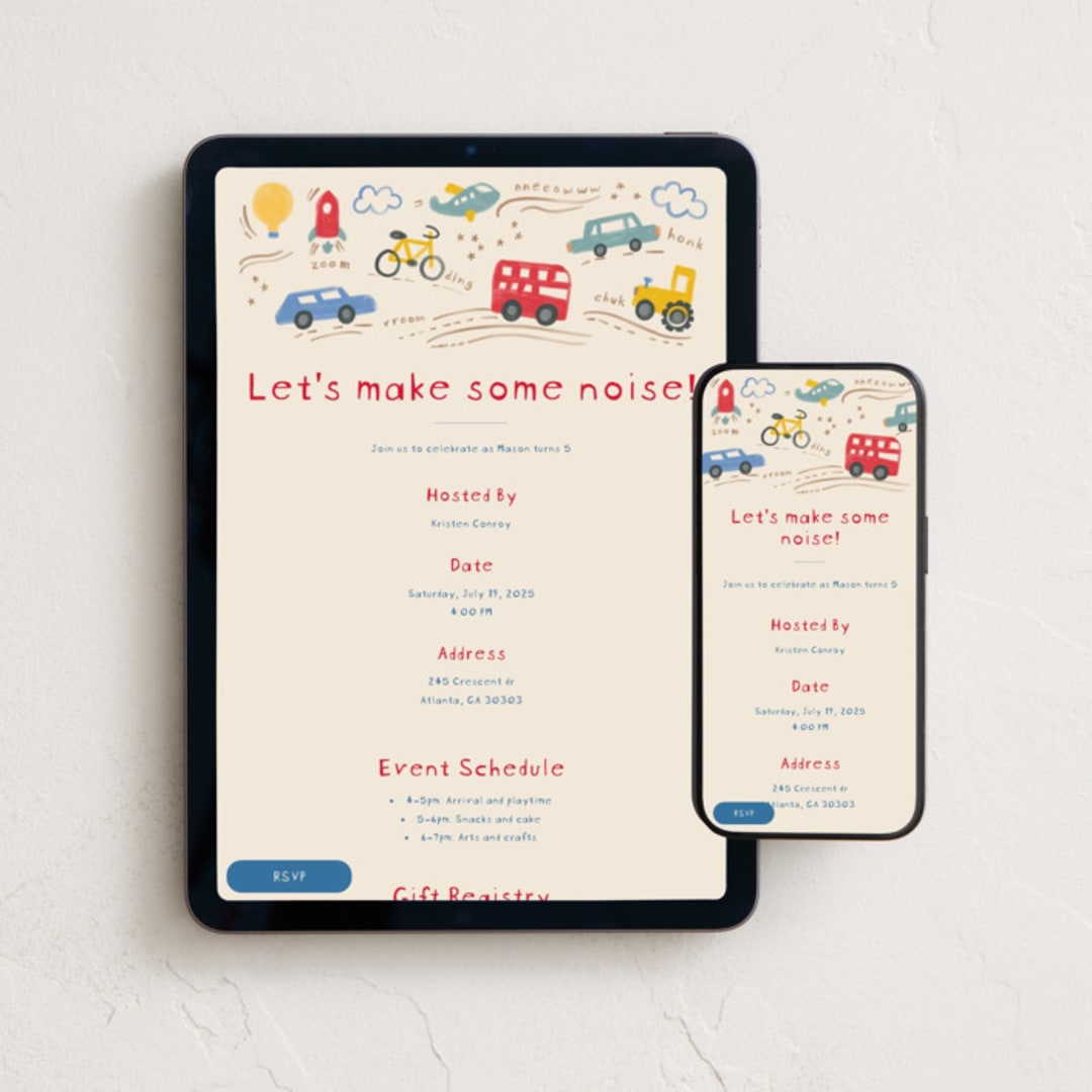"Make some noise" - Online Kids Birthday Invitations in Fire Engine by Creo Study - Mobile + desktop layout