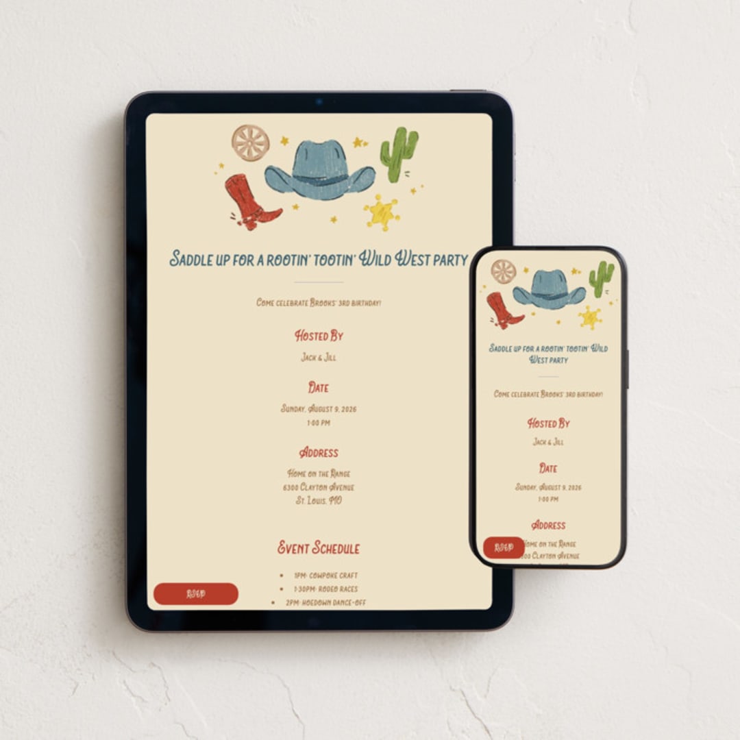 "Wild West" - Online Kids Birthday Invitations in Tumbleweed by Annie Montgomery - Mobile + desktop layout