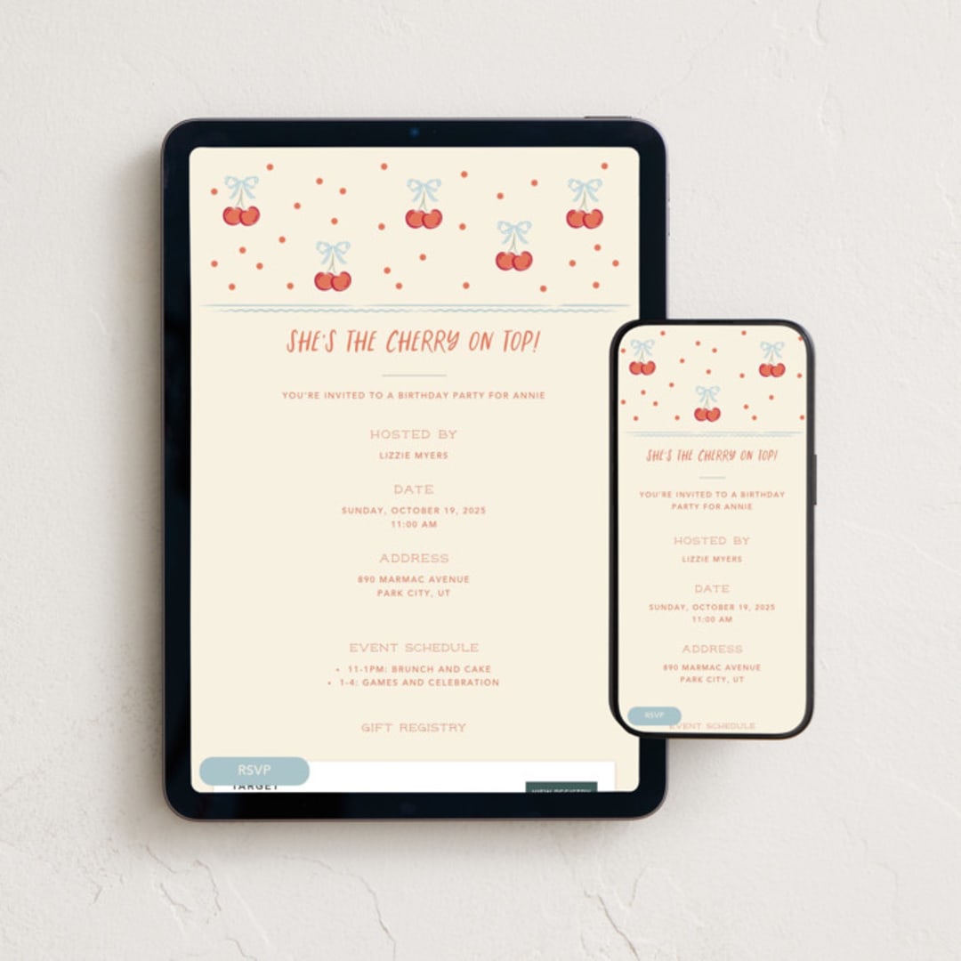 "Cherry on Top!" - Online Kids Birthday Invitations in Cream by Robert and Stella - Mobile + desktop layout