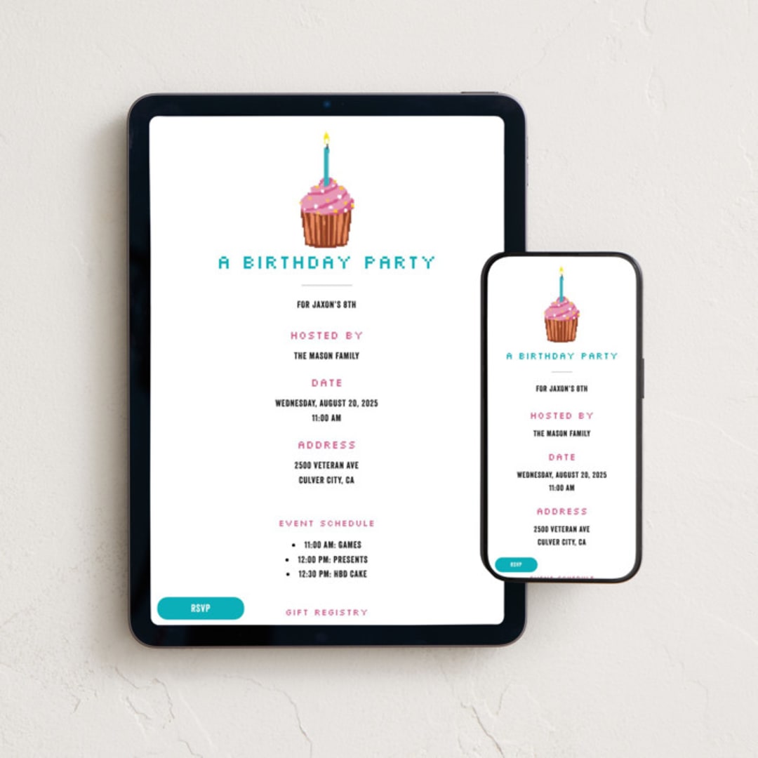 "8 Bit Cupcake" - Online Kids Birthday Invitations in Cotton by Becky Nimoy - Mobile + desktop layout