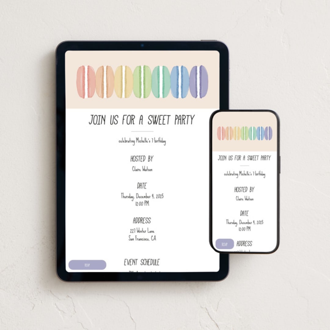 "Rainbow Macaron" - Online Kids Birthday Invitations in Almond by Orasie - Mobile + desktop layout