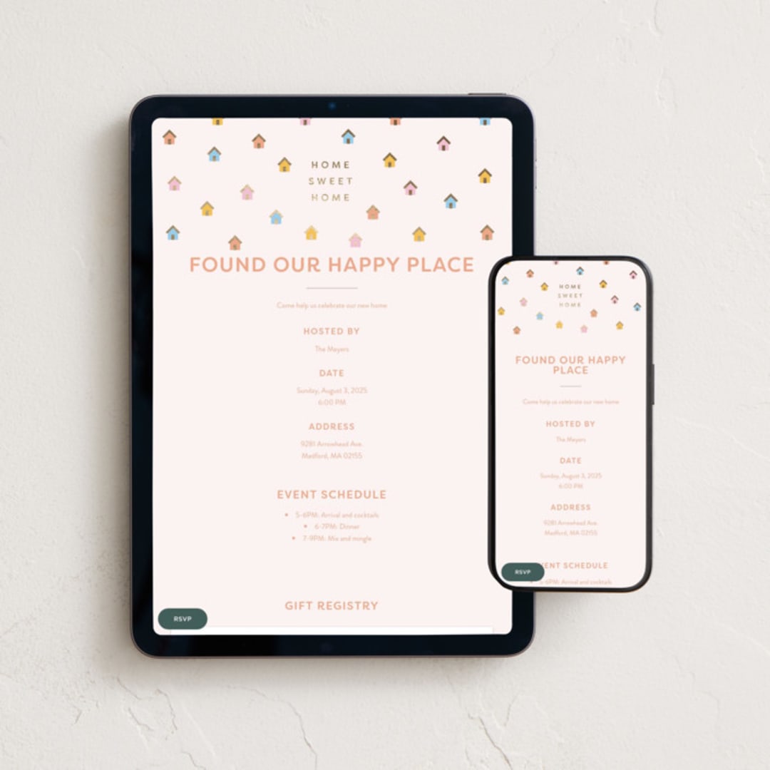 "Home Sweet Home" - Online Party Invitations in Carnation by Ellen Schlegelmilch - Mobile + desktop layout