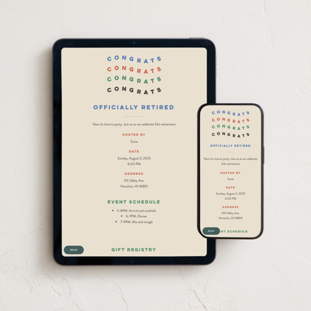 "congrats wave" - Online Party Invitations in Cream by Amy Kross - Mobile + desktop layout