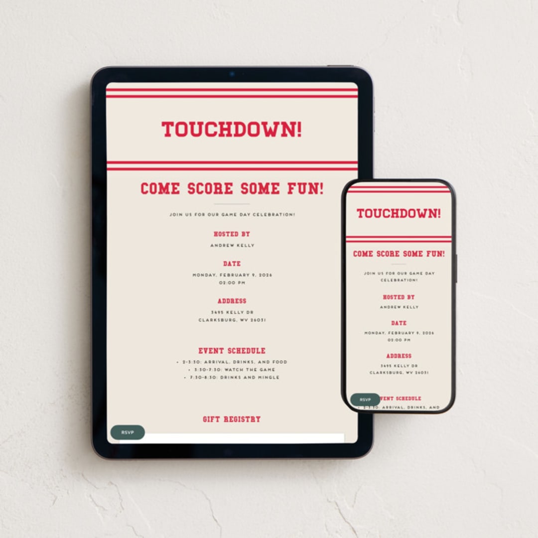 "Touchdown" - Online Party Invitations in Cherry by Louise Kay - Mobile + desktop layout