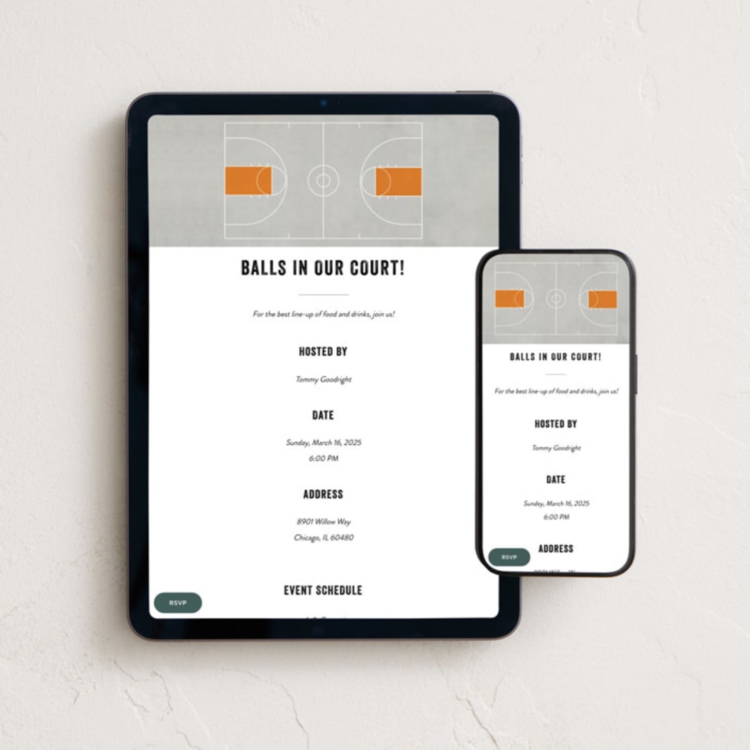 "Full Court" - Online Party Invitations in Smoke Orange by Jennifer Morehead - Mobile + desktop layout