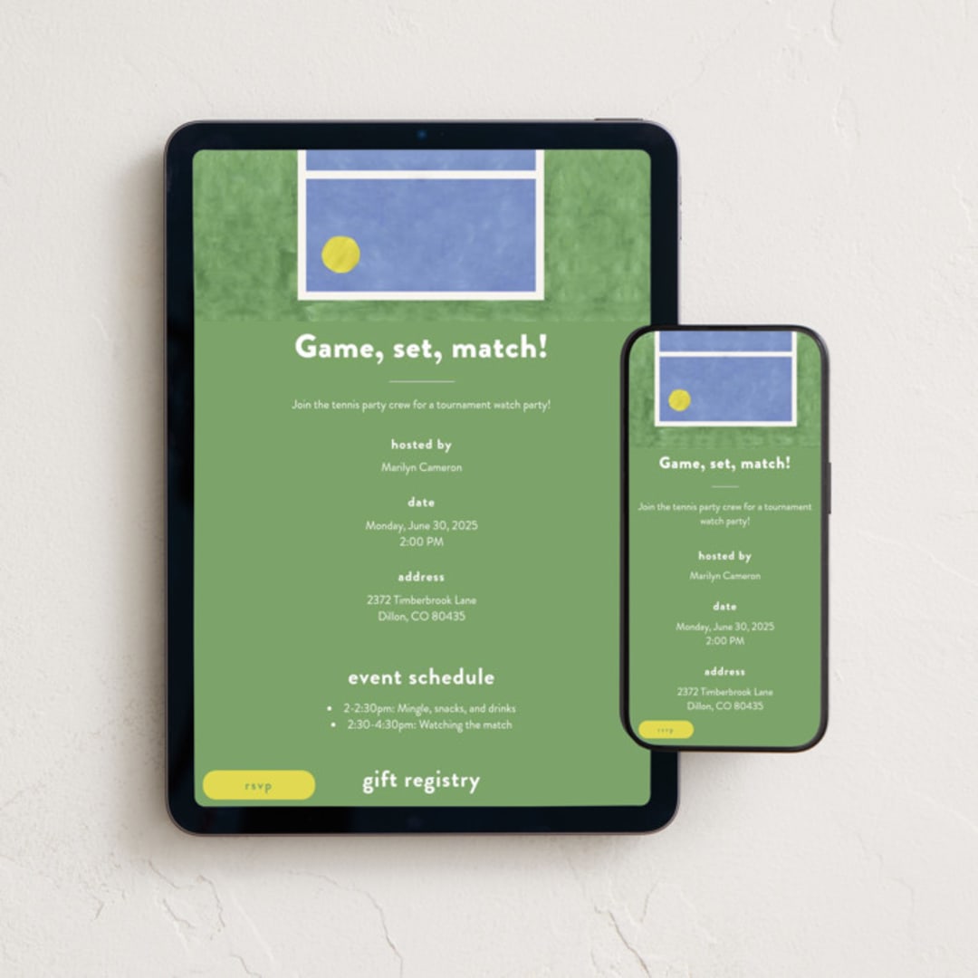 "your serve" - Online Party Invitations in Blue Deuce by Alicia Abla - Mobile + desktop layout
