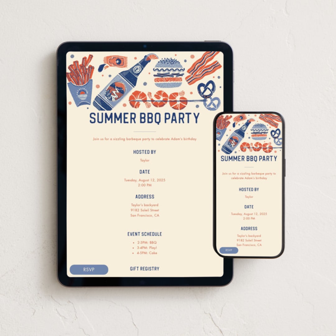 "Summer BBQ" - Online Party Invitations in Burgers by Vivian Yiwing - Mobile + desktop layout