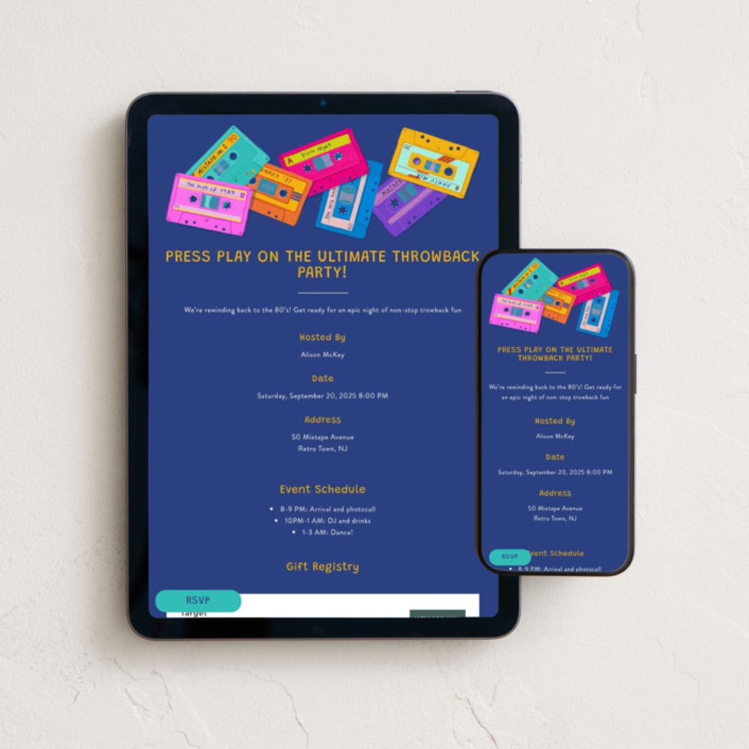 "Back to the 80s mixtape" - Online Party Invitations in Electric Indigo by Elisa Lara Campos - Mobile + desktop layout