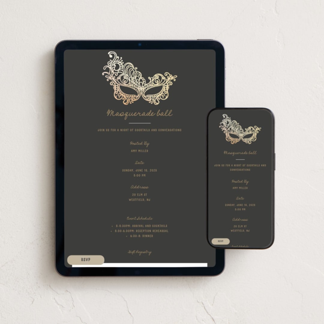 "Masquerade" - Online Party Invitations in Smoke by Teju Reval - Mobile + desktop layout