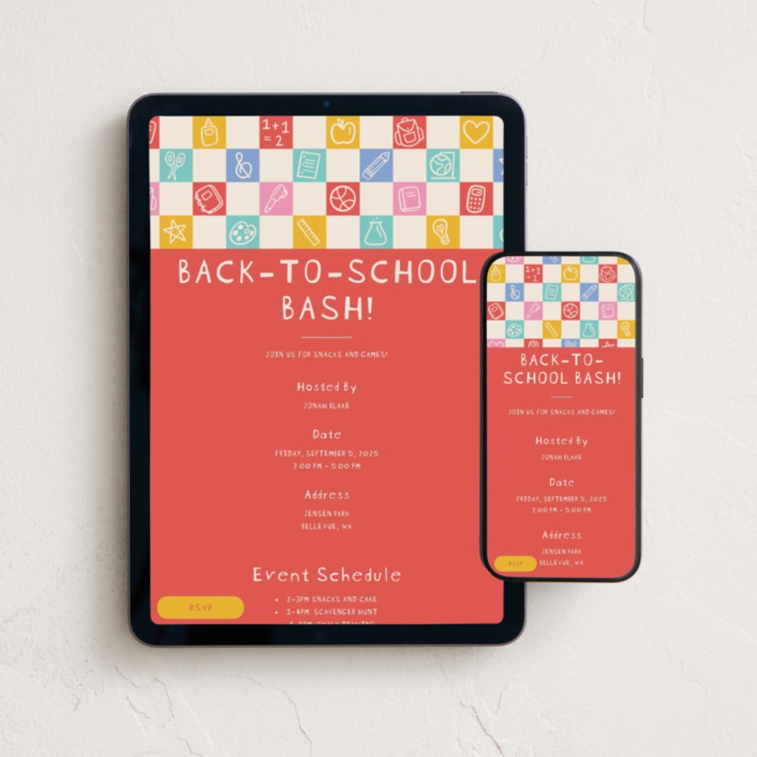 "Back-to-School Checkerboard" - Online Party Invitations in Rainbow by Noonday Design - Mobile + desktop layout