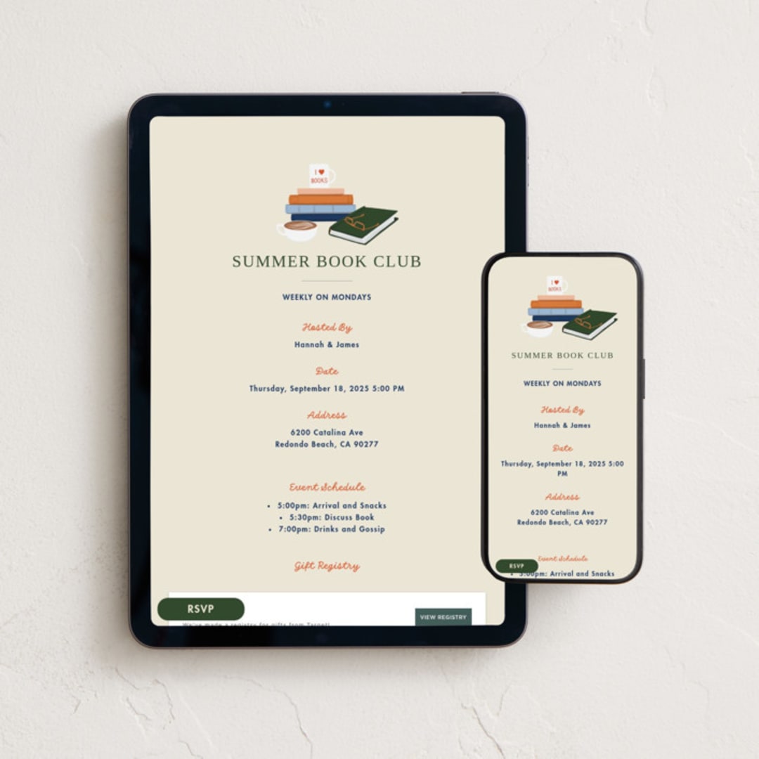 "Book Club" - Online Party Invitations in Cream by Becky Nimoy - Mobile + desktop layout