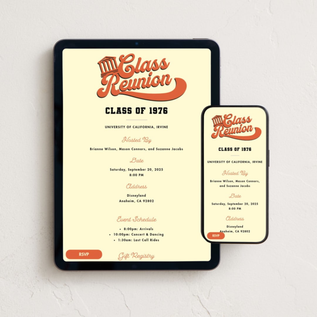 "Retro Class Reunion" - Online Party Invitations in Butter by Becky Nimoy - Mobile + desktop layout