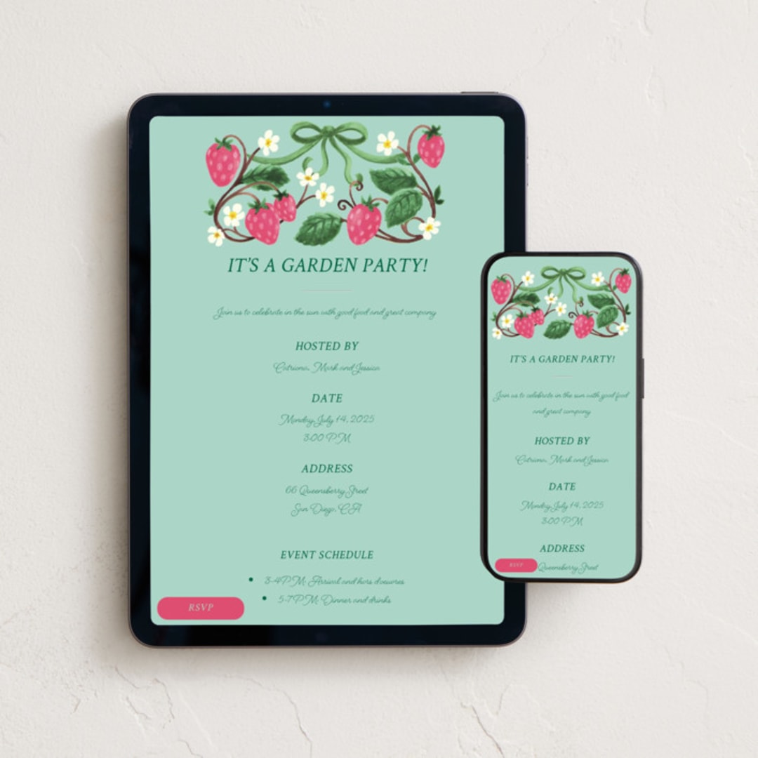 "Strawberry" - Online Party Invitations in Peacock by Anna Black - Mobile + desktop layout