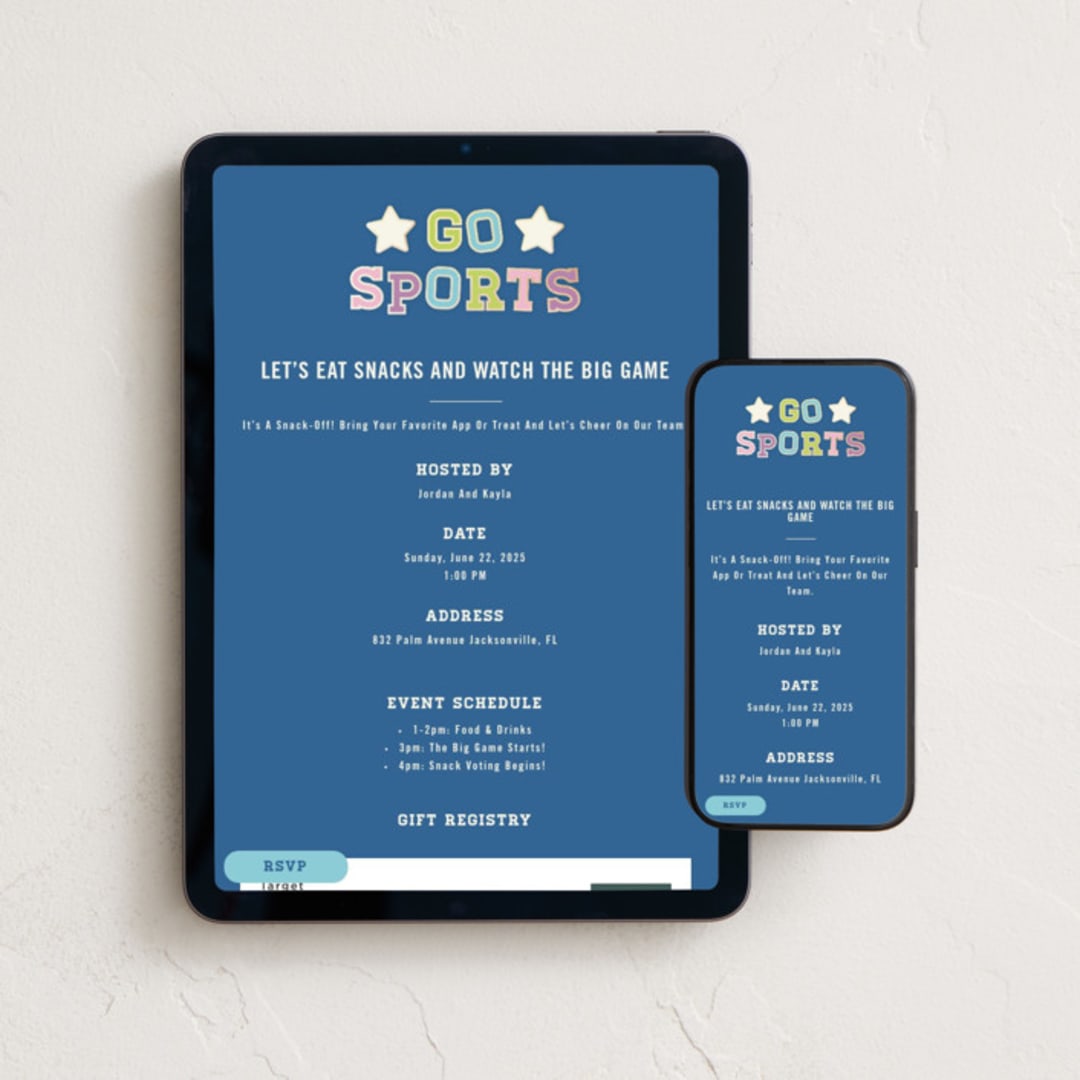 "Go Sports" - Online Party Invitations in Denim by Rachelle Clarke - Mobile + desktop layout